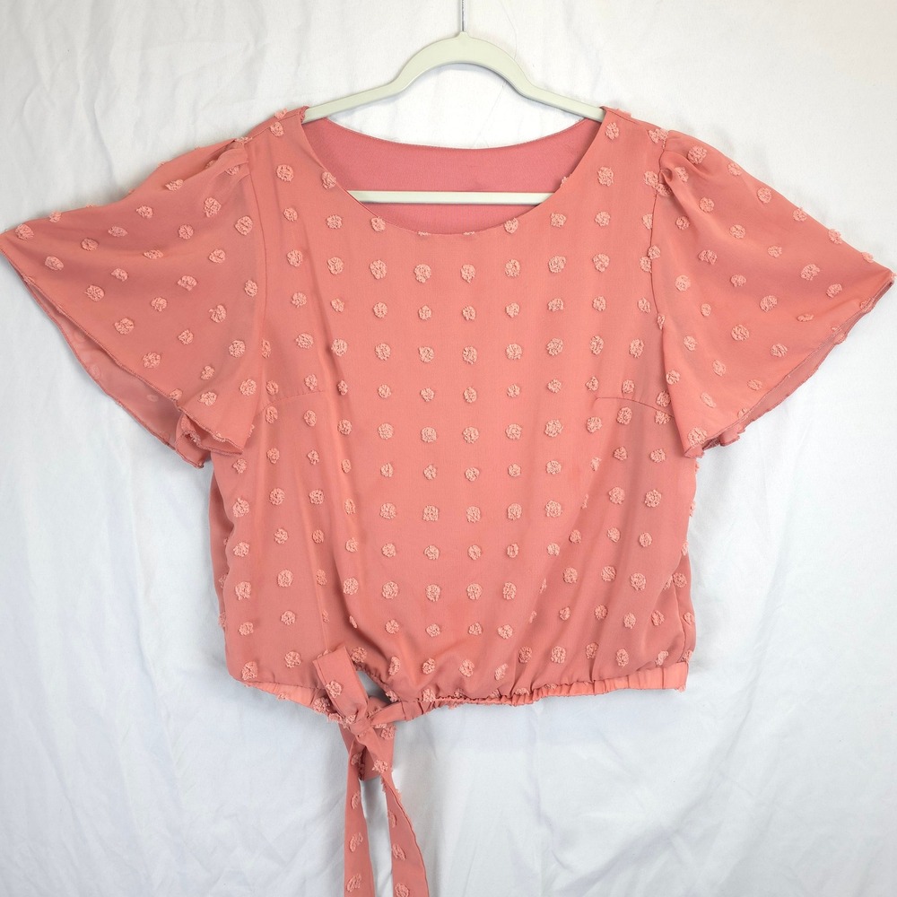 Rose Pink Swiss Dot‎ Tie Waist Crop Shein Blouse XL Flutter Sleeve Romantic Chic
